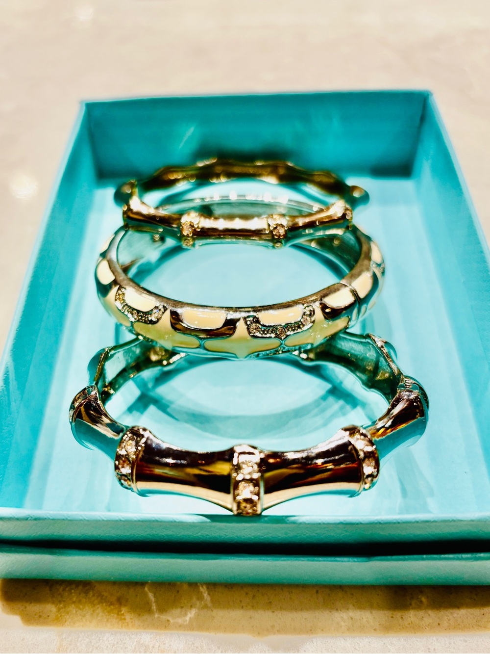 Nordstrom SEQUIN NYC cream silver rhinestone Bamboo-Style Bangle Bracelet Set